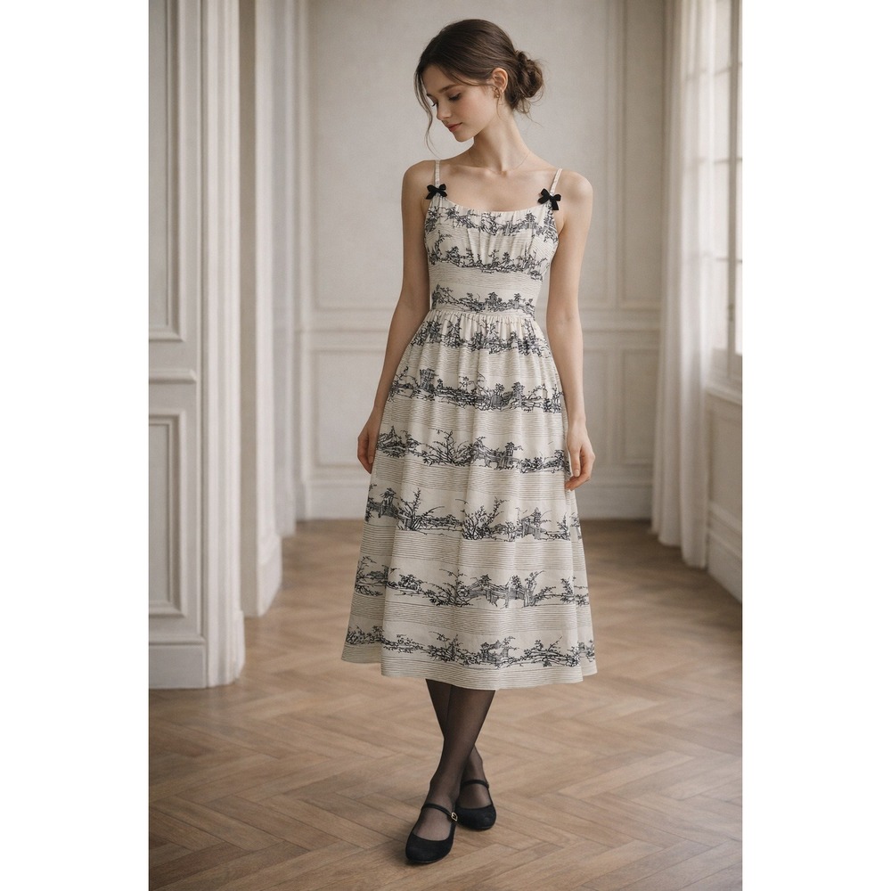 Vintage Tracy & Michael Toile Women's Dress Ivory Velvet Black Bow Strap Midi - Picture 1 of 13